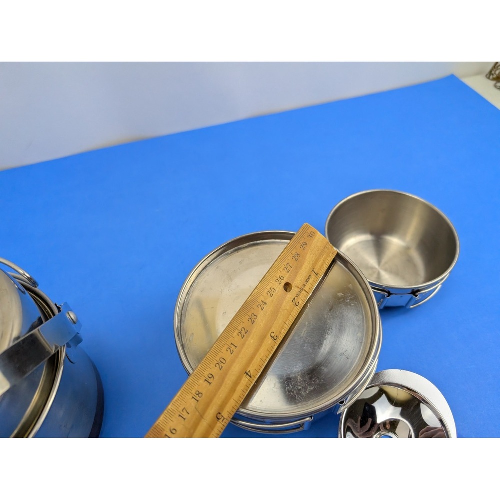 Vtg 3 Piece Camping Cook Set Coleman Peak 1 Stainless Steel Nesting Pots Pans - Picture 11 of 12